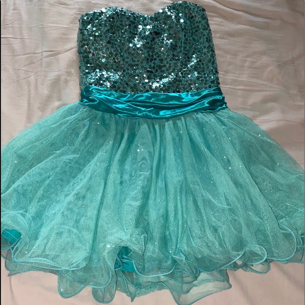 Teal fit and flare party dress